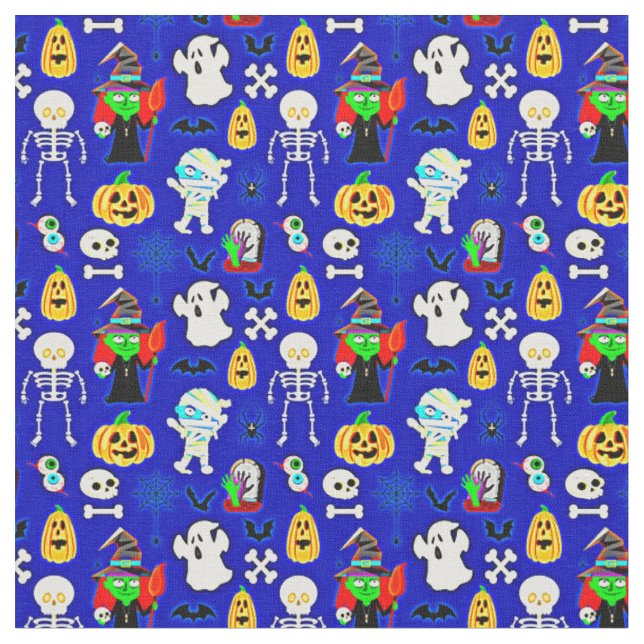 Tissu Icônes Halloween Designs sur Blue (Fermer)