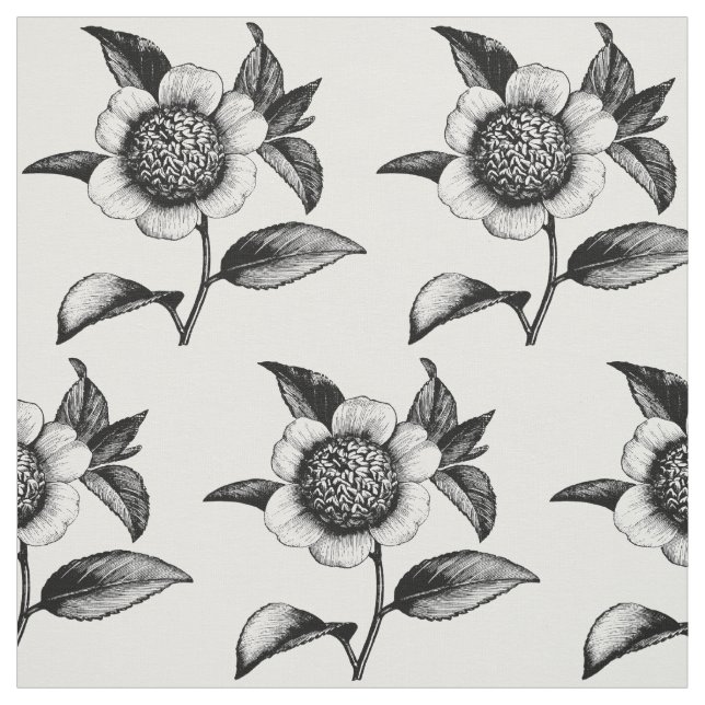 Tissu Illustration de fleur vintage noir et blanc (Échantillon)