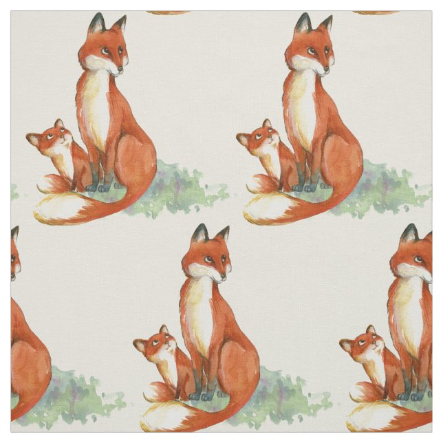 Tissu Illustration de l'aquarelle Momma Fox et Baby (Échantillon)
