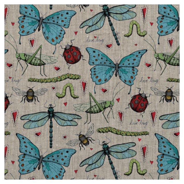 Tissu Illustration de motif de Love Bug d'insecte en lin (Échantillon)