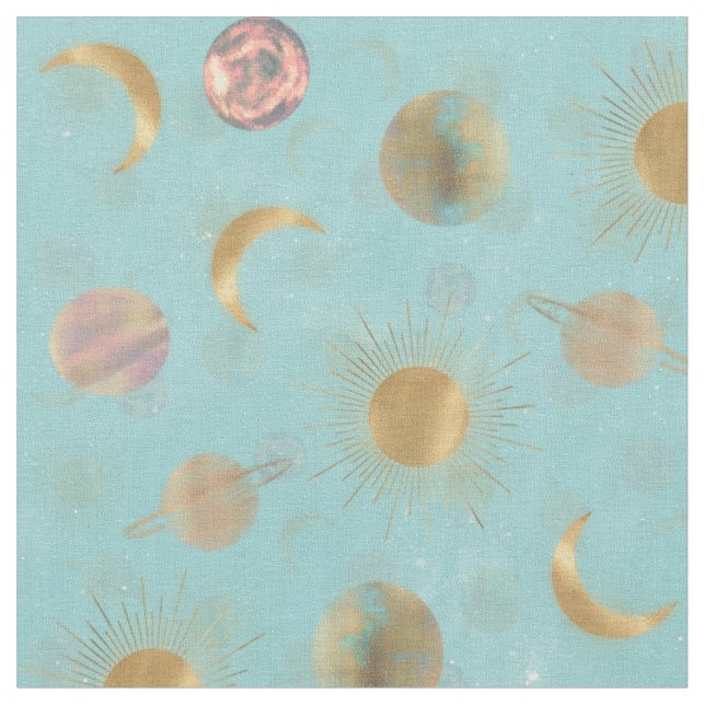 Tissu Illustration Gold Sun Moon Planètes Space Blue (Fermer)