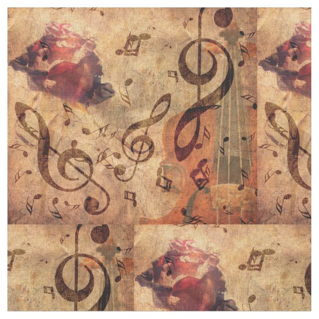 Tissu Illustration Vintage avec rose et violon (Fermer)