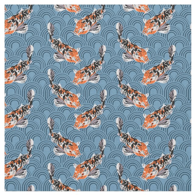 Tissu Illustrations de Koi Fish sur le modèle bleu (Fermer)