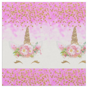 Tissu Imaginaire rose et licorne d'or d'étoiles