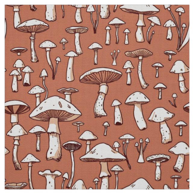 Tissu Impression de champignon sur marron terracotta (Échantillon)
