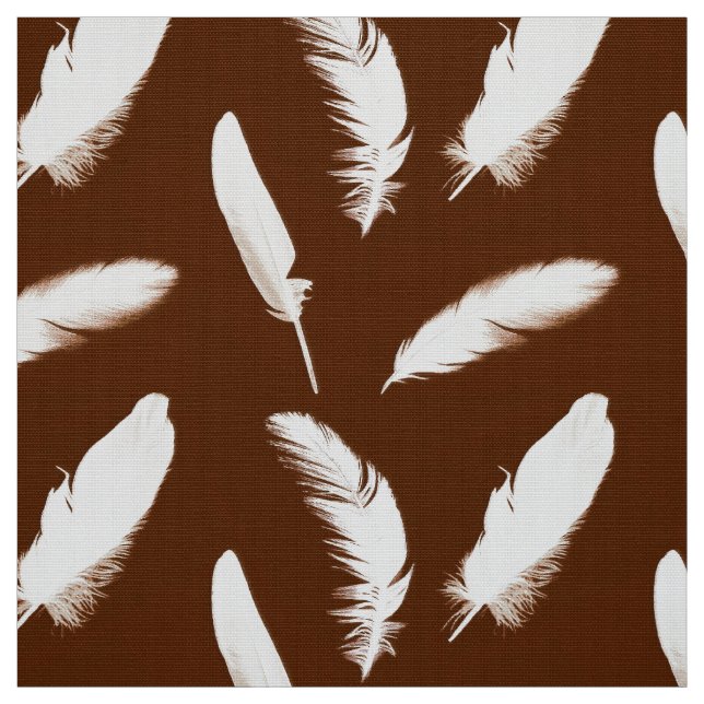 Tissu Impression de plume blanche sur marron chocolat (Échantillon)