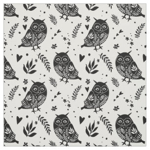 Tissu Impression d'hibou noir et blanc d'art populaire r