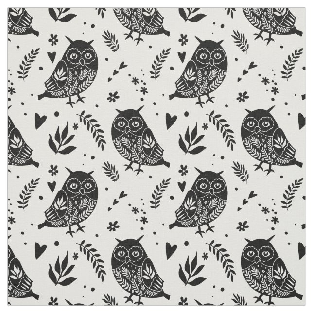 Tissu Impression d'hibou noir et blanc d'art populaire r (Échantillon)