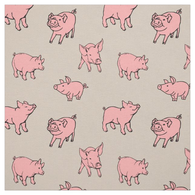 Tissu imprimé avec des cochons mignons rose et bei (Échantillon)