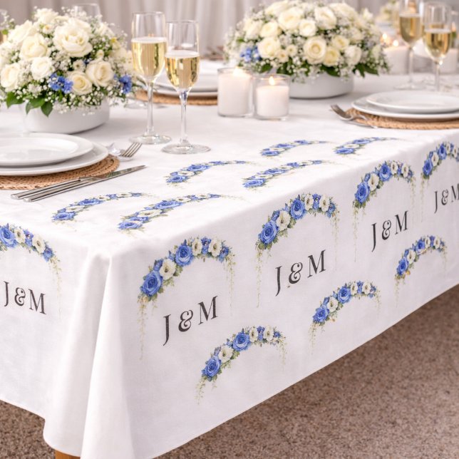 Tissu Ivory Blue Floral Wedding Monogram Bride Groom (Créateur téléchargé)