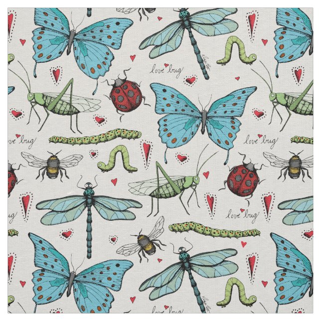 Tissu Ivory Linen Love Bug Insect Motif d'illustration (Échantillon)
