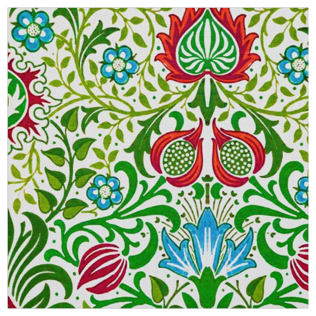 Tissu Jacobean Floral Damask, vert et corail rouge (Échantillon)