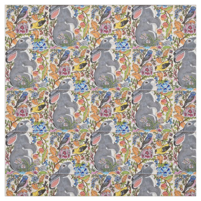 Tissu Jacobean Floral Lapin Lapin Oiseaux Designer Fabri (Échantillon)