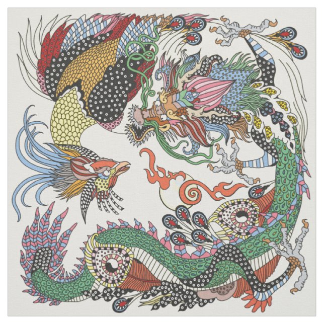 Tissu Jade Dragon and Gold Phoenix playing with a pearl (Échantillon)
