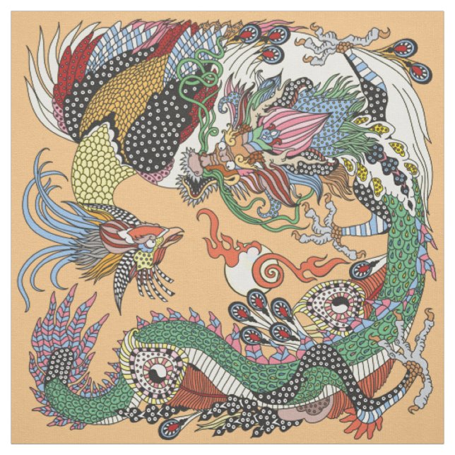 Tissu Jade Dragon et Gold Phoenix jouant avec une perle (Échantillon)