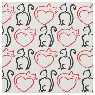 Tissu J'aime des chats ! (Contours noirs et rouges sur