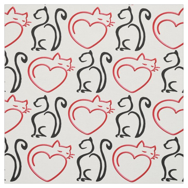 Tissu J'aime des chats ! (Contours noirs et rouges sur (Échantillon)