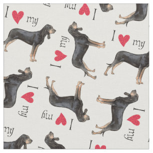 Tissu J'aime mon Coonhound noir et bronzage