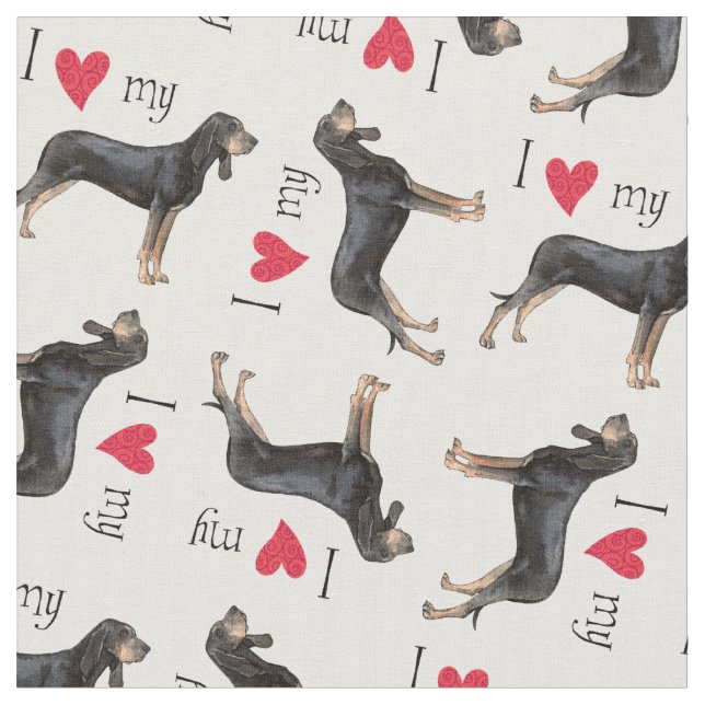 Tissu J'aime mon Coonhound noir et bronzage (Fermer)