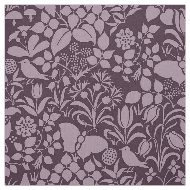 Tissu Jardin avec oiseaux et papillons, Aubergine (Échantillon)