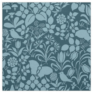 Tissu Jardin avec oiseaux et papillons, bleu paon