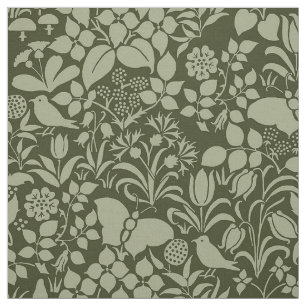 Tissu Jardin avec oiseaux et papillons, Vert olive