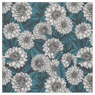 Tissu Jardin blanc Dahlia / feuilles bleus 2