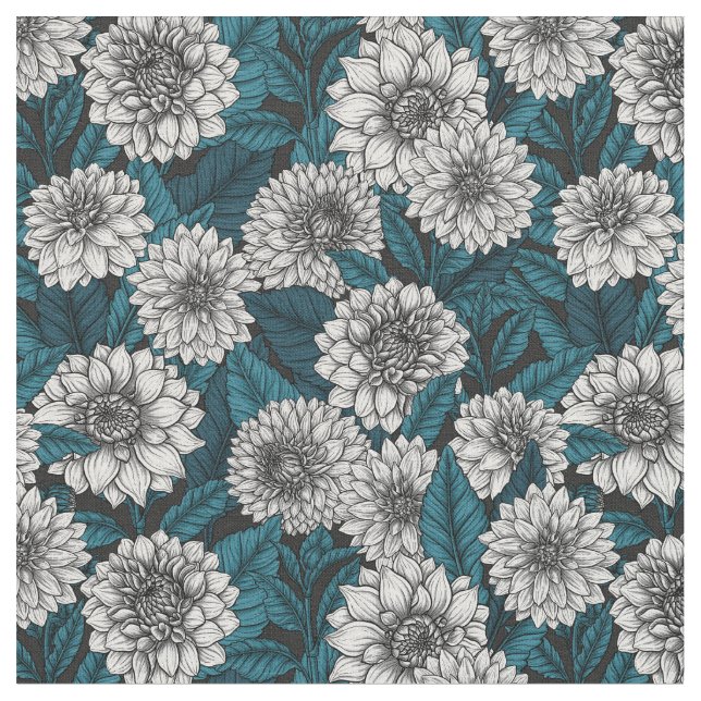 Tissu Jardin blanc Dahlia / feuilles bleus 2 (Fermer)