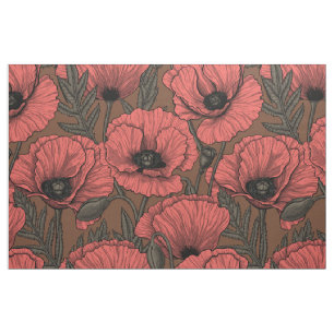 Tissu Jardin de coquelicot dans le corail et brun