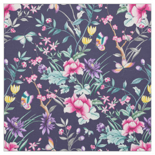 Tissu Jardin de fleurs Vintages Bleu de papillon arc-en-
