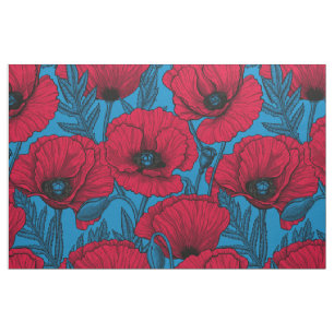 Tissu Jardin de pavot rouge sur bleu