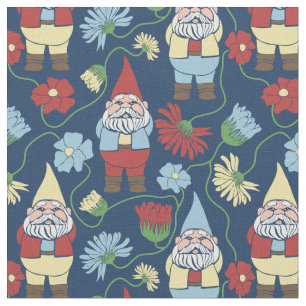 Tissu Jardin Gnomes avec Fleurs Marine Bleu Motif