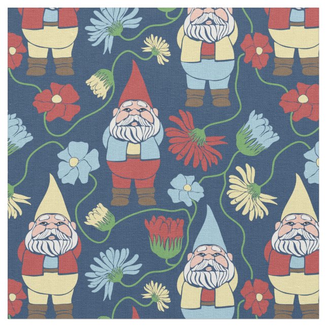 Tissu Jardin Gnomes avec Fleurs Marine Bleu Motif (Fermer)