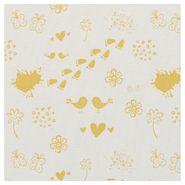 Tissu Jaune rétro et crème motif d'oiseaux, de points, (Fermer)