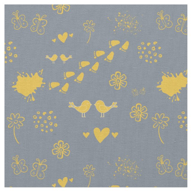 Tissu Jaune rétro et gris motif des oiseaux, des points, (Fermer)