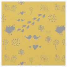 Jaune rétro et gris motif d'oiseaux, points, foin