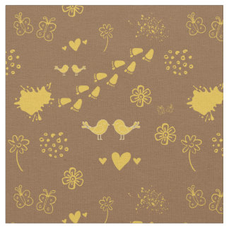 Tissu Jaune rétro et marron motif d'oiseaux, point
