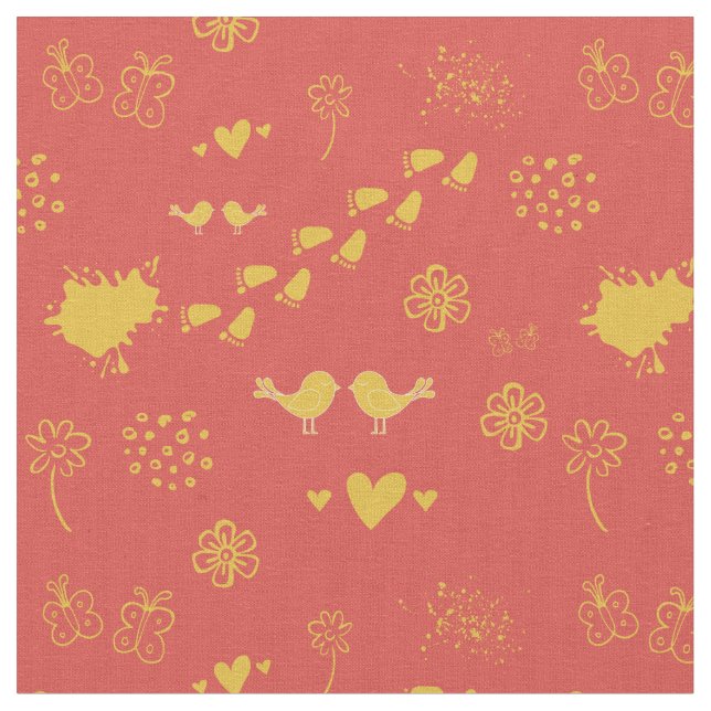 Tissu Jaune rétro et rouge motif des oiseaux, des points (Fermer)