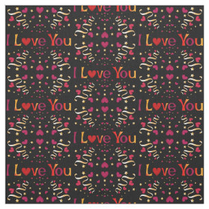 Tissu JE VOUS AIME Rouge Coeur Or Ruban Noir Valentine