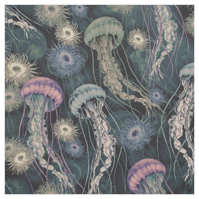 Tissu Jellyfish et anémones éthériques en Turquoise et r (Échantillon)