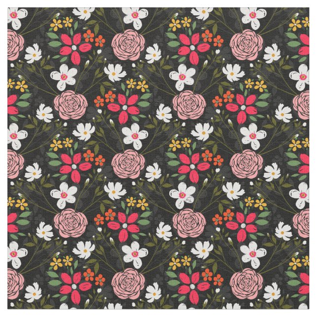 Tissu Joli blanc rose floral noir brush Strokes (Fermer)