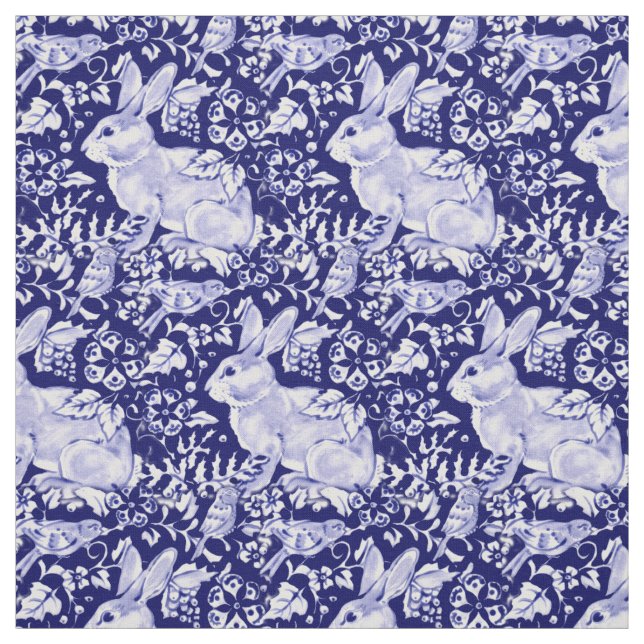 Tissu Joli bleu foncé et blanc lapin Oiseau Dedham Delft (Échantillon)