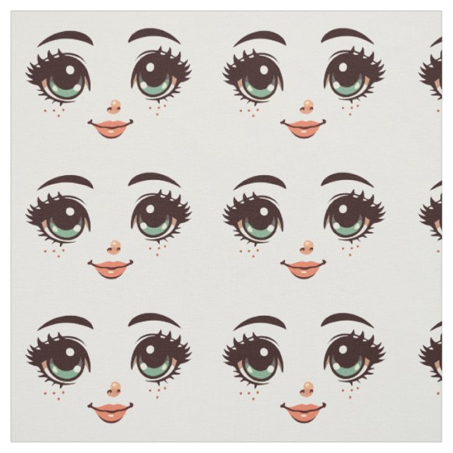 Tissu joli dessin animé poupée visage illustrations (Échantillon)