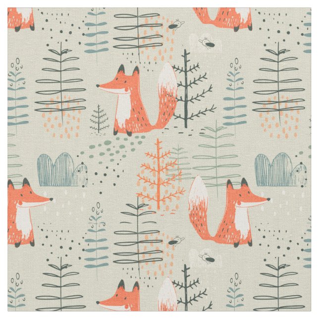 Tissu Joli Doodle Fox Forest Motif de bois (Fermer)