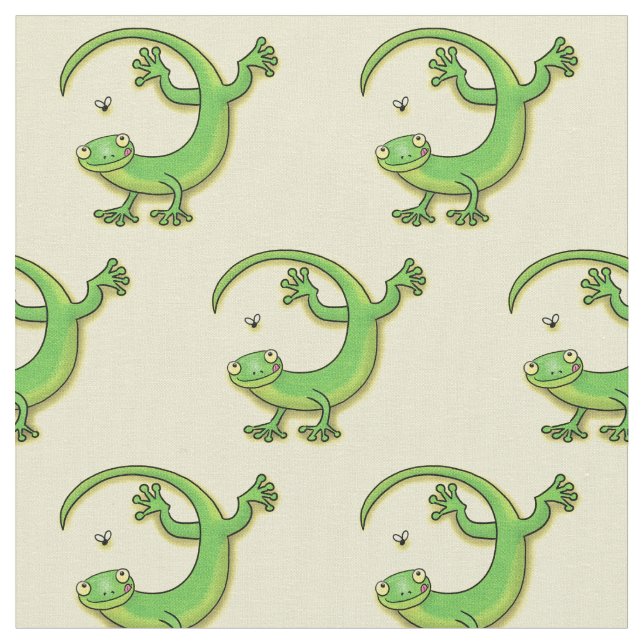 Tissu Joli gecko vert salutations avec dessin animé (Fermer)