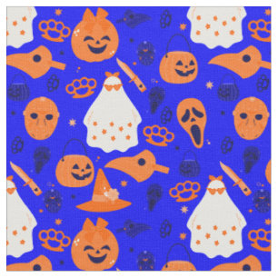 Tissu joli halloween floral fantôme bleu orange