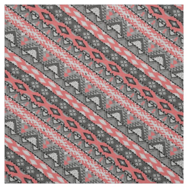 Tissu Joli motif aztèque gris rouge (Échantillon)