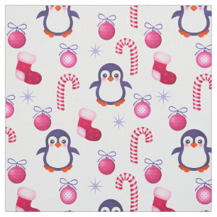 Tissu Joli Motif de Noël rose et blanc avec des pingouin