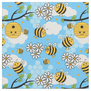 Tissu Joli Motif d'été abeilles et fleurs