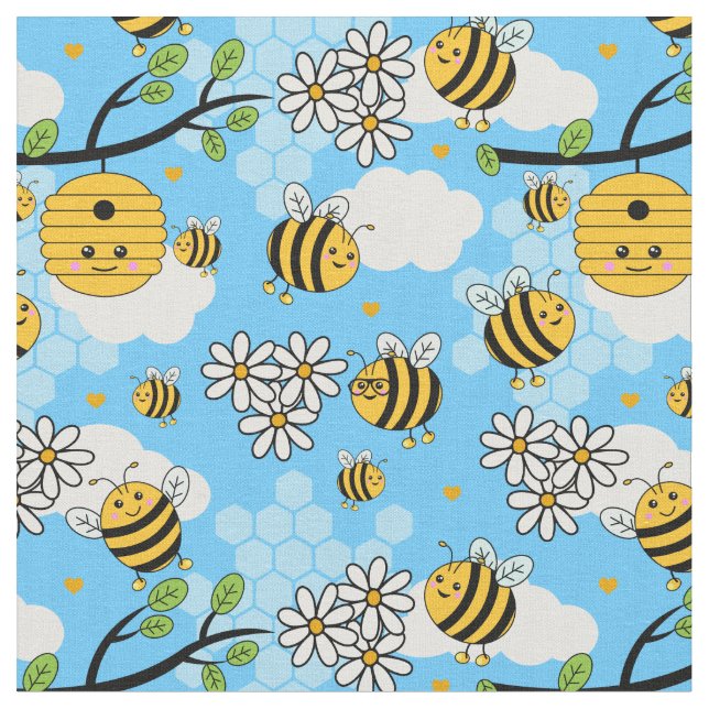 Tissu Joli Motif d'été abeilles et fleurs (Fermer)